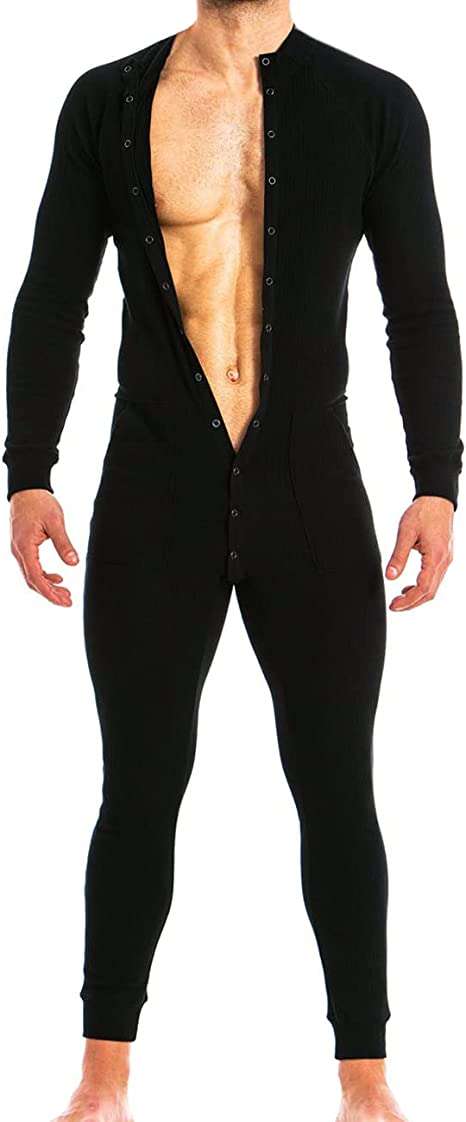 Muscle Alive Mens Short Sleeve Onesie Henley Jumpsuit Stretchy Cotton Ramper