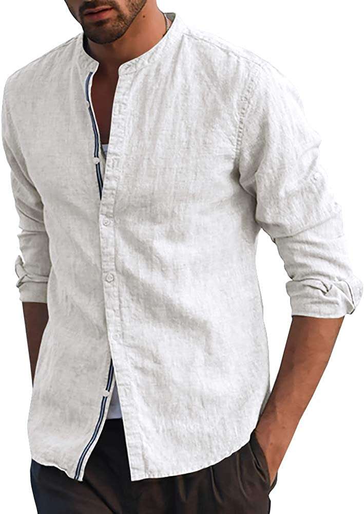 FUERI Mens Long Sleeve Shirt Cotton Linen Shirt Grandad Casual Banded Button Lightweight Summer Tops
