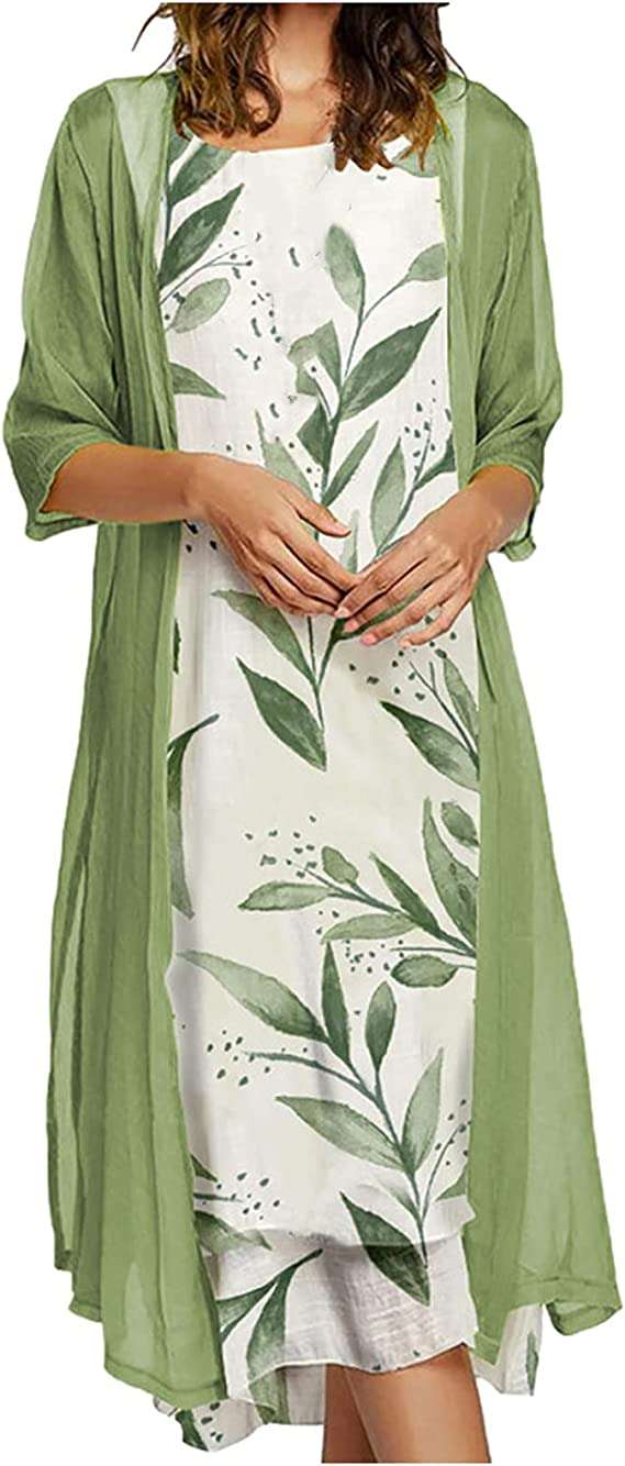 Women Dresses Clearance,Ladies Casual Floral Print O-Neck Sleeveles Dress Solid Chiffon Two-Piece Set UK Size Sale Work Dress Office Dress Plus Size Wedding Guest Dress