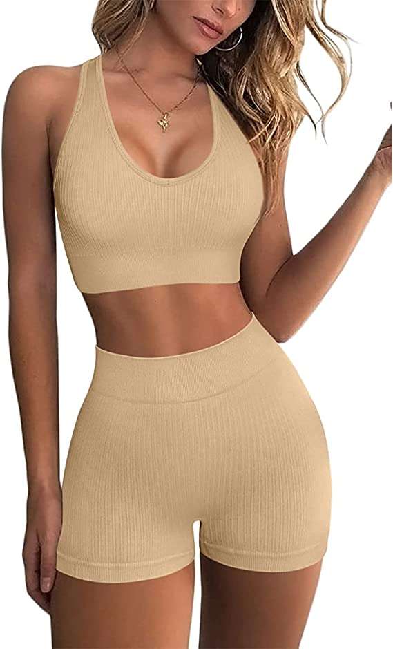 JN JANPRINT Women's Gym 2 Piece Sets High Waisted Ribbed Yoga Shorts Seamless Sports Bra Workout Outftis Exercise Activewear Set