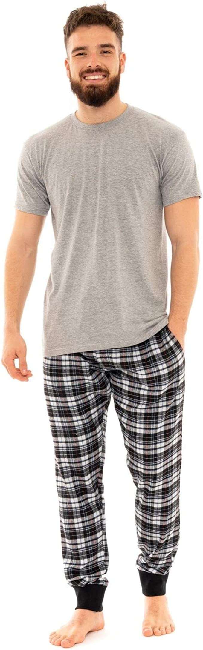 Style It Up Mens Flannel Pyjamas Cotton PJ Set Short Sleeve Crew Lounge Top Soft Check Pants