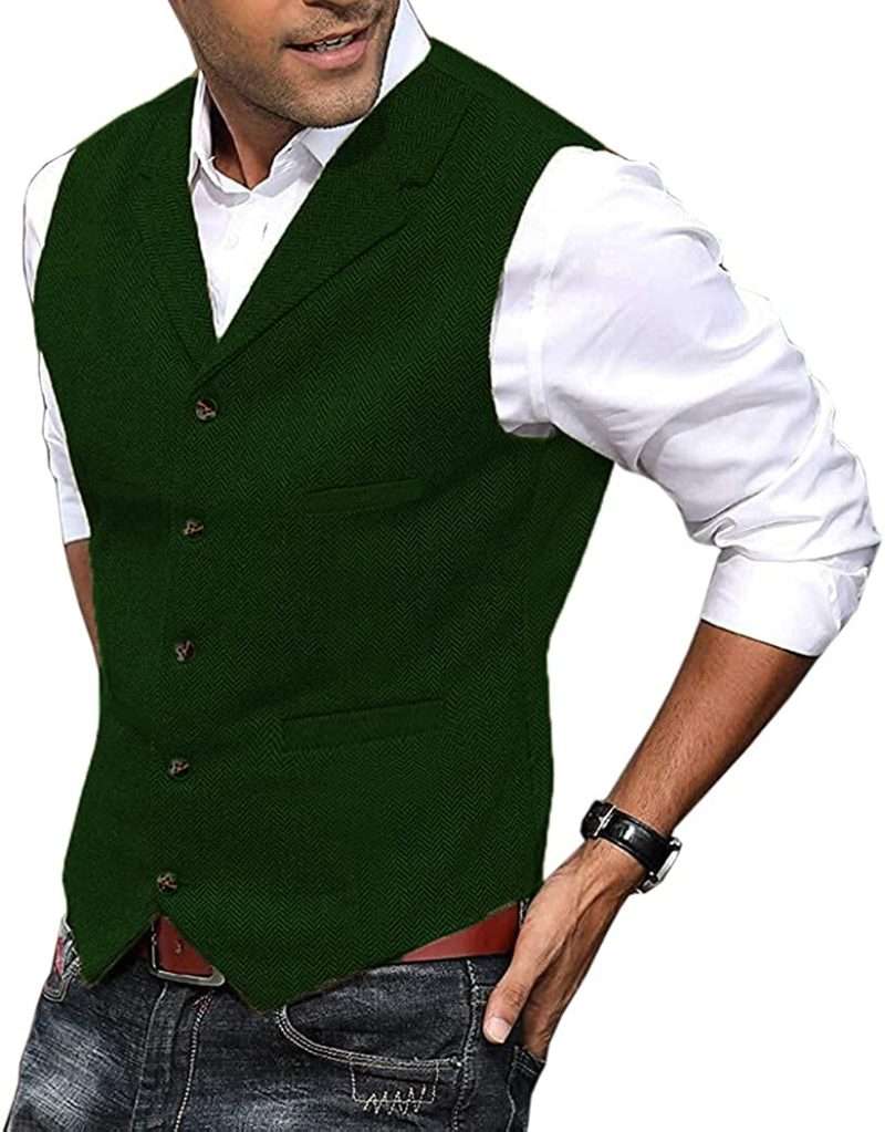 Mens Vest Casual Soft Wool Tweed Suit Vest Herringbone Waistcoat for Groosmen Best Man