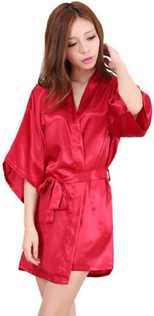 Nightwear Kimono Sexy Nightwear Silk Satin Lace Dressing Gown Bath Robe G String (Short (70-80 cm), Red)