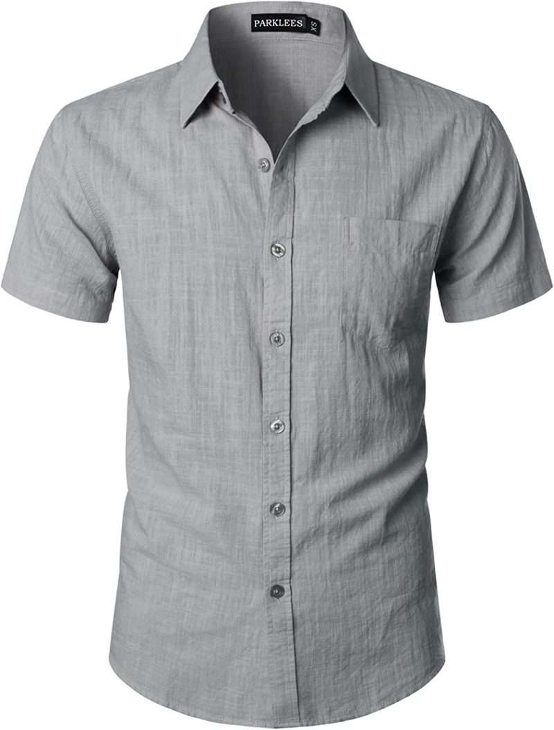 PARKLEES Men's Cotton Linen Casual Short Sleeve Button Up Shirts with Pocket