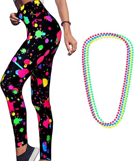 Neon High Waisted Women's Artistic Printed 80s Leggings Women's Yoga Running Soft Pants with 4 Pieces Neon Necklace