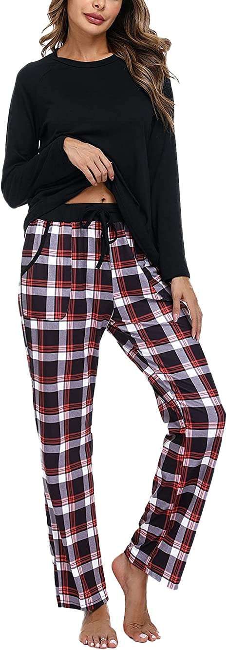 Uniexcosm Women's Pyjama Sets Cotton Checked Loungewear Set Long Sleeve Cotton Top and Pants Sleepwear for Ladies, XXL