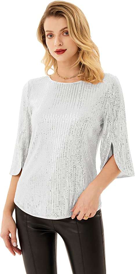 GRACE KARIN Women's Chiffon Blouse Tops Elegant Casual Loose 3/4 Split Sleeve Crew Neck Blouse Shirts