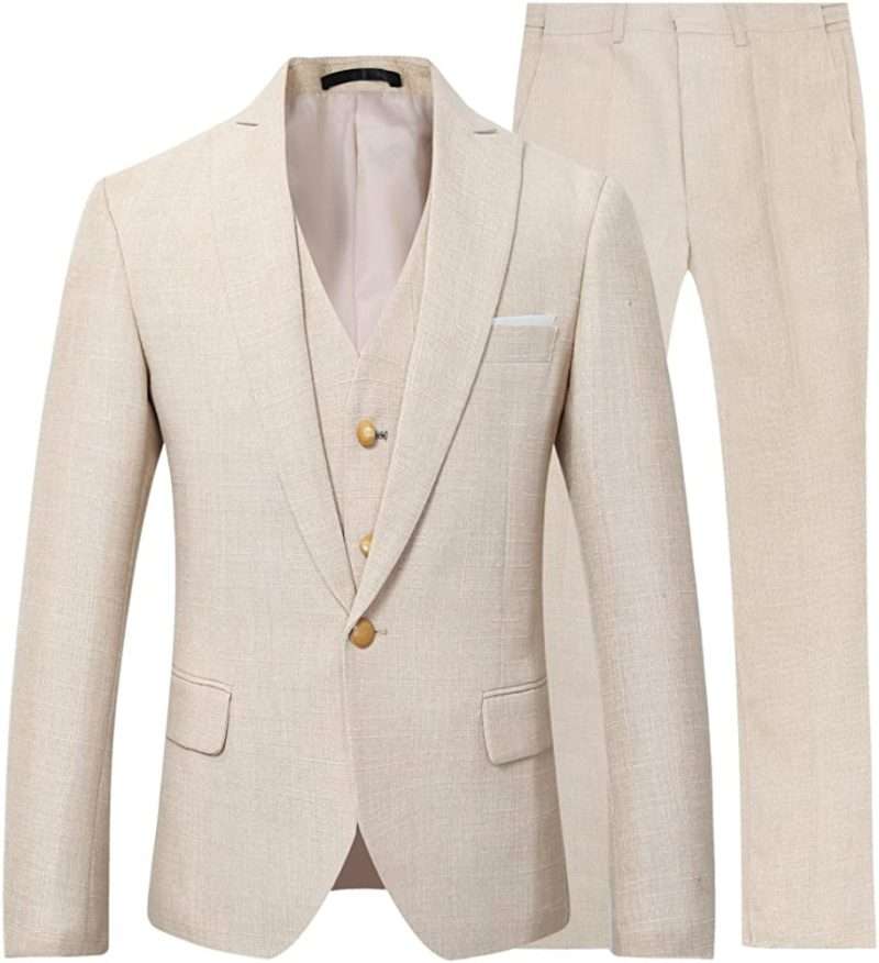 YOUTHUP Men's Slim Fit 3 Piece Linen Suit Business Wedding Vintage Suits Peak Lapel Blazer Vest Trousers