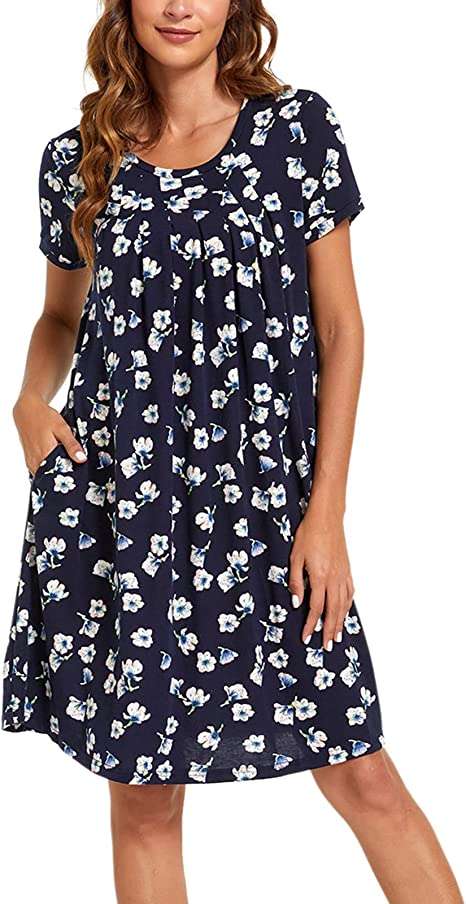 MINTLIMIT Women's Short Sleeve Pleated Scoopneck Sleep Dress Loungewear Nightshirts with Pockets