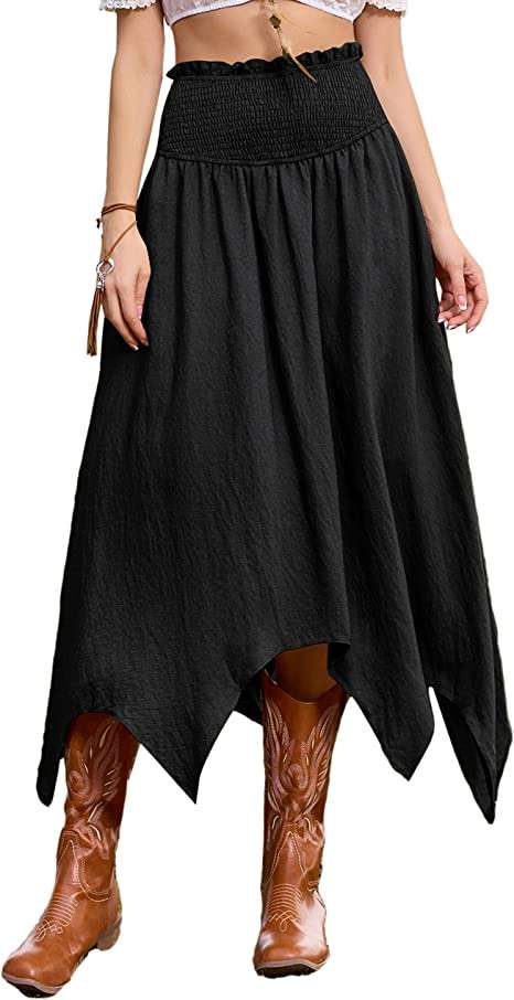 SCARLET DARKNESS Women Victorian Skirt Smocked Waist Medieval Maxi Skirt with Pockets