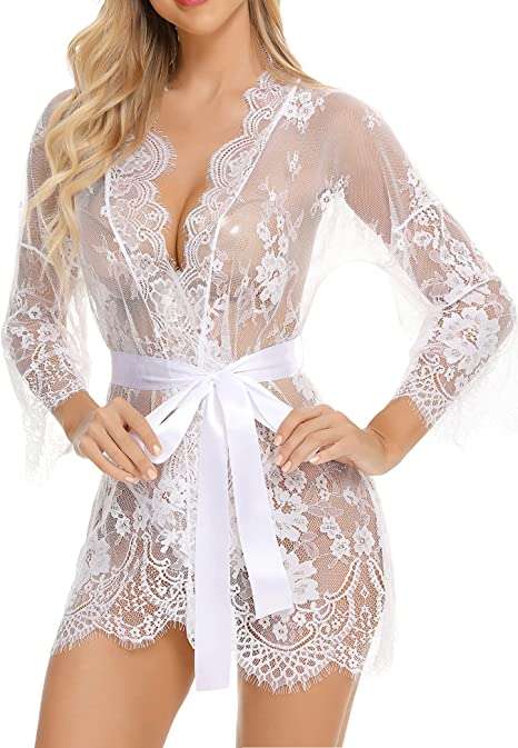 Women's Kimono Eyelash Lace Babydoll Lingerie Long Sleeve Mesh Nightgown with G-String