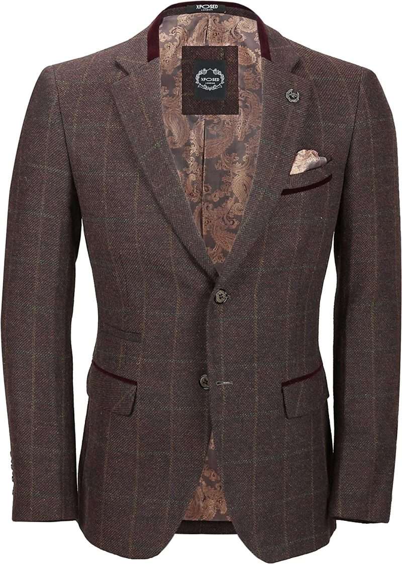 Xposed Carter Mens Red Brown Tweed Jacket Classic Velvet Trim Tailored Fit Blazer